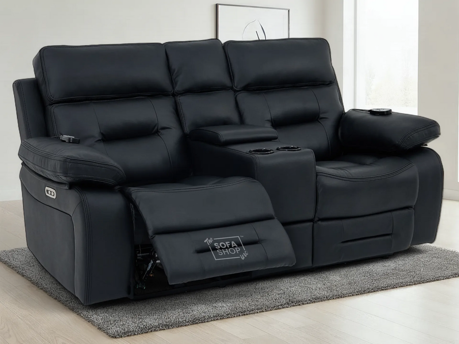 2 Seater Electric Recliner Cinema Sofa in Black Real Leather | Hi-Tech Cinema Seats with Massage, Console, Power Headrest, Power Recliner, Storage Drawer & USB Ports | Sicily