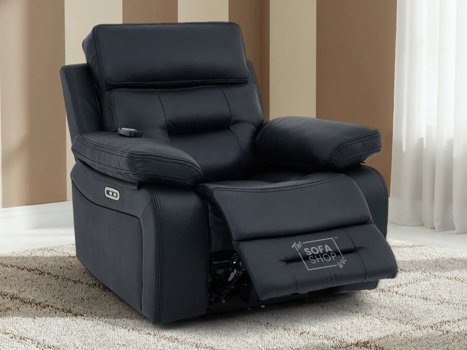 2+1 Electric Recliner Sofa Set inc. Chair in Black Real Leather with Massage, Storage & Power Headrest & Cup Holders - 2 Piece Cinema Sofa Set - Sicily