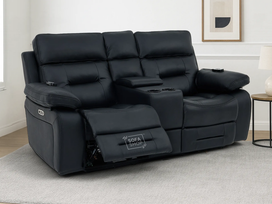 3+2 Electric Recliner Sofa Set in Black Real Leather | Hi-Tech Cinema Package with Massage, Drop-Down Table, Power Headrest, Power Recliner, Storage Drawer, USB & Wireless Charging | Sicily