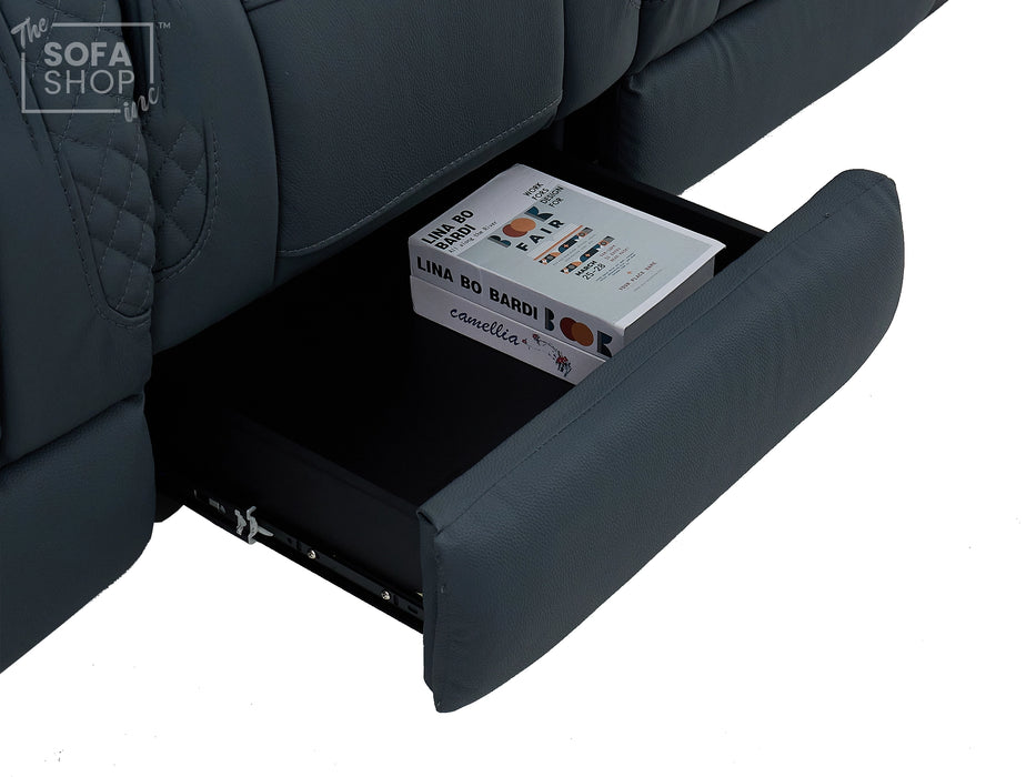 3+2 Cinema Sofa Set in Blue Genuine Leather with Massage, Drop-Down Table, Cup Holders, LED Reading Light, Power Recliner, USB Ports, Socket Set & Storage | Blue Leather | Napoli | The Sofa Shop