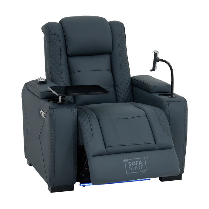 3+1 Seater Genuine Leather Recliner Cinema Sofa Set with Massage, Drop-Down Table, Cup Holders, LED Reading Light, Power Recliner, USB Ports, Socket Set & Storage | Blue Leather | Napoli