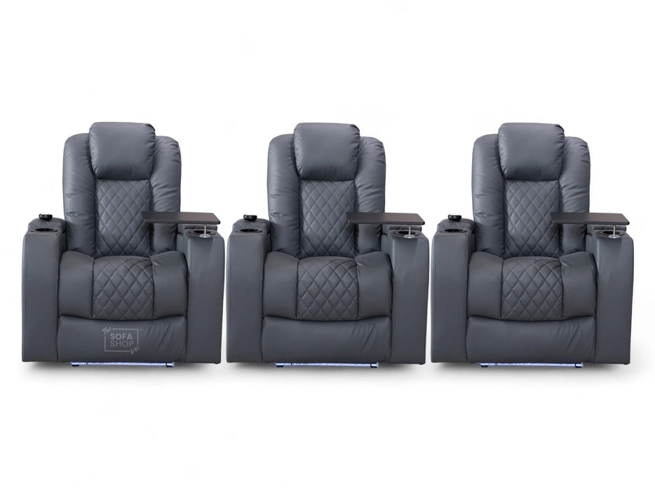 Row of 3 Electric Home Cinema Seats in Grey Leather Aire, With Recliner, Massage Seats, Removable Table, USB, Lights, Storage Arms, Chilled Cupholders - Pavia