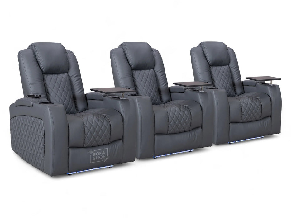 Row of 3 Electric Home Cinema Seats in Grey Leather Aire, With Recliner, Massage Seats, Removable Table, USB, Lights, Storage Arms, Chilled Cupholders - Pavia