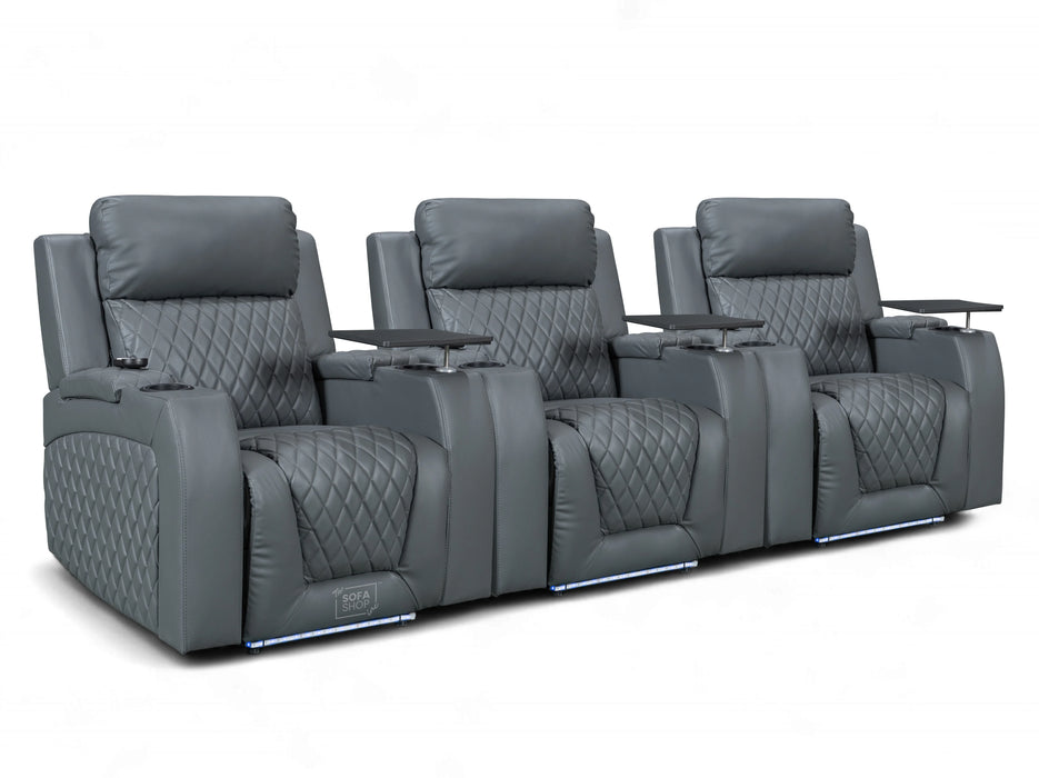 Row of 3 Electric Home Cinema Seats in Grey Leather Aire with Recliner, Massage Seats, Removable Table, USB, Lights, Chilled Cupholders - Venice Series One