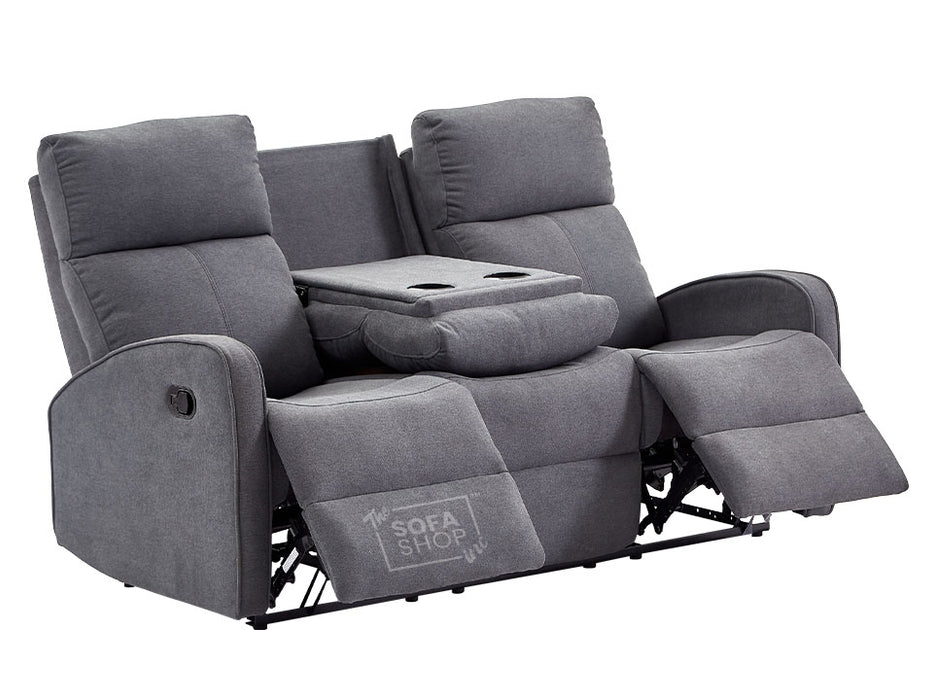 3+2 Recliner Sofa Set. 2 Piece Recliner Sofa Package Suite in Dark Grey Fabric with Drop-Down Table & Drink Holders - Parma - Sofa Sale