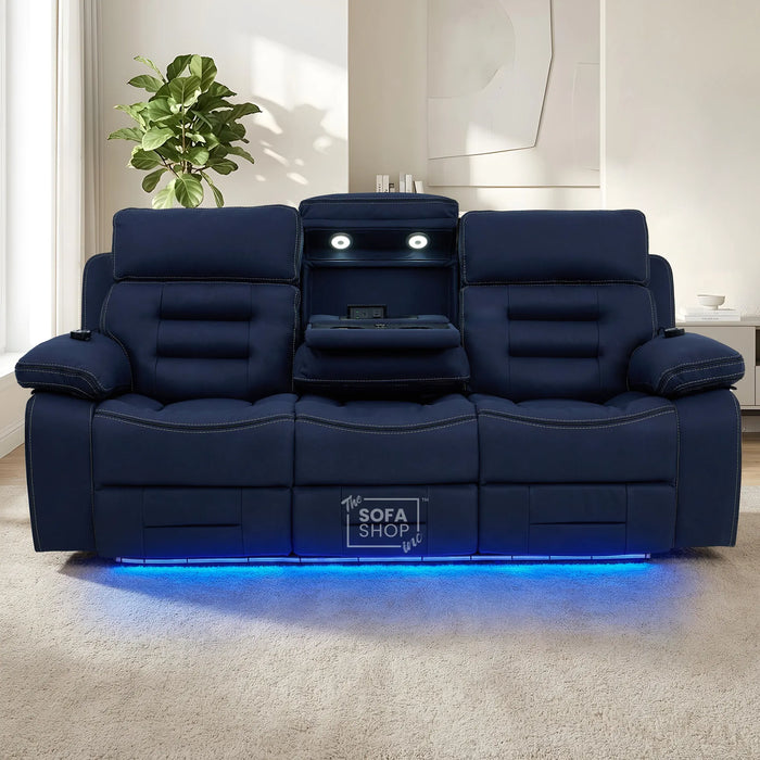 3 Seater Blue Fabric Electric Recliner Cinema Sofa | Hi-Tech Sofa With Massage, Heat, Multi-Link Bluetooth, Fold-Down Table & Wireless Charger, Power Headrest | Tuscany | The Sofa Shop