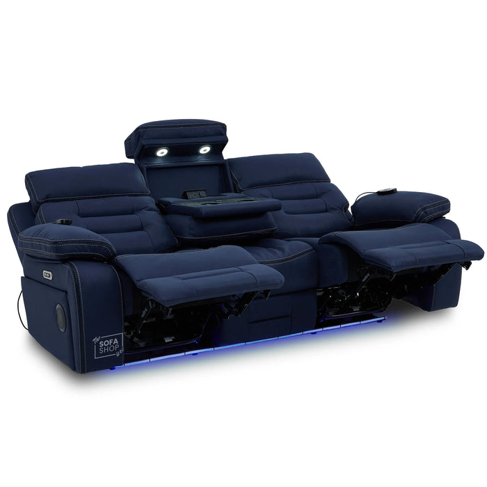 3 Seater Blue Fabric Electric Recliner Cinema Sofa | Hi-Tech Sofa With Massage, Heat, Multi-Link Bluetooth, Fold-Down Table & Wireless Charger, Power Headrest | Tuscany | The Sofa Shop