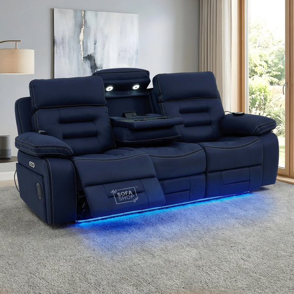 3 Seater Blue Fabric Electric Recliner Cinema Sofa | Hi-Tech Sofa With Massage, Heat, Multi-Link Bluetooth, Cooler Cupholders, Power Headrest & Wireless Charger | Tuscany | The Sofa Shop