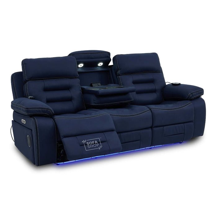 3 Seater Blue Fabric Electric Recliner Cinema Sofa | Hi-Tech Sofa With Massage, Heat, Multi-Link Bluetooth, Fold-Down Table & Wireless Charger, Power Headrest | Tuscany | The Sofa Shop