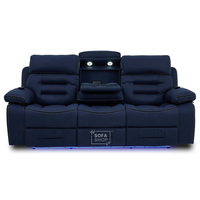 3 Seater Blue Fabric Electric Recliner Cinema Sofa | Hi-Tech Sofa With Massage, Heat, Multi-Link Bluetooth, Fold-Down Table & Wireless Charger, Power Headrest | Tuscany | The Sofa Shop