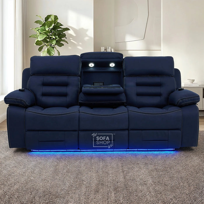 3+1 Electric Recliner Cinema Sofa Set in Blue Fabric | Hi-Tech Sofa Suite with Massage, Heat, Bluetooth Speakers, Fold-Down Table & Wireless Charging | Tuscany | The Sofa Shop