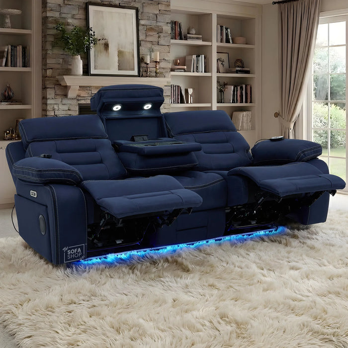 3 Seater Blue Fabric Electric Recliner Cinema Sofa | Hi-Tech Sofa With Massage, Heat, Multi-Link Bluetooth, Fold-Down Table & Wireless Charger, Power Headrest | Tuscany | The Sofa Shop