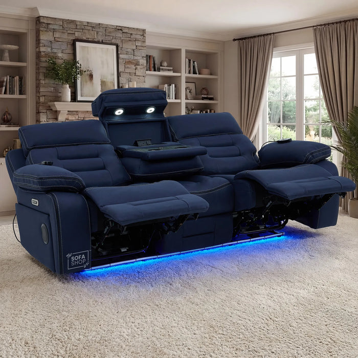 3+1 Electric Recliner Cinema Sofa Set in Blue Fabric | Hi-Tech Sofa Suite with Massage, Heat, Bluetooth Speakers, Fold-Down Table & Wireless Charging | Tuscany | The Sofa Shop