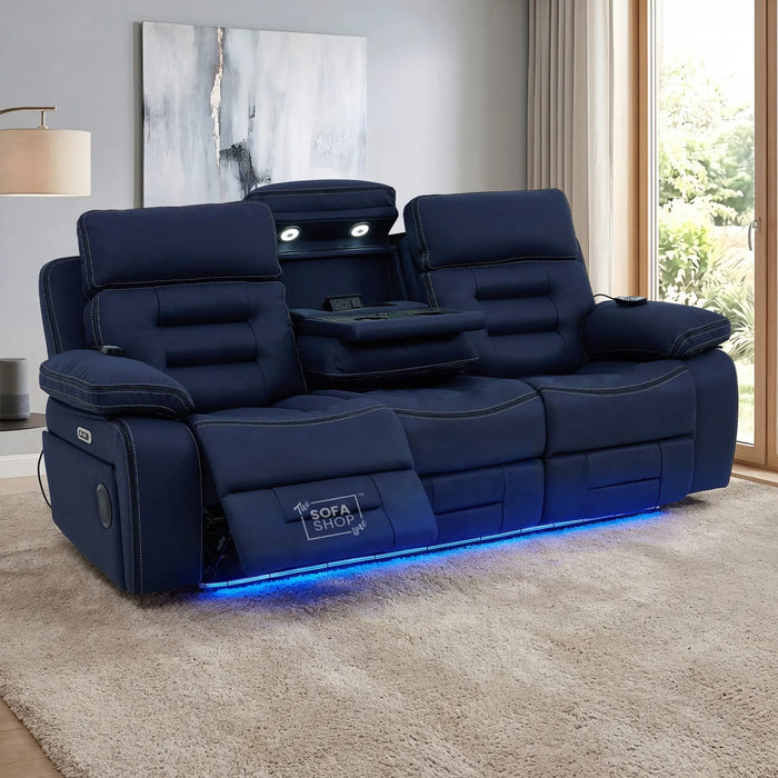 3+1 Electric Recliner Cinema Sofa Set in Blue Fabric | Hi-Tech Sofa Suite with Massage, Heat, Bluetooth Speakers, Fold-Down Table & Wireless Charging | Tuscany | The Sofa Shop