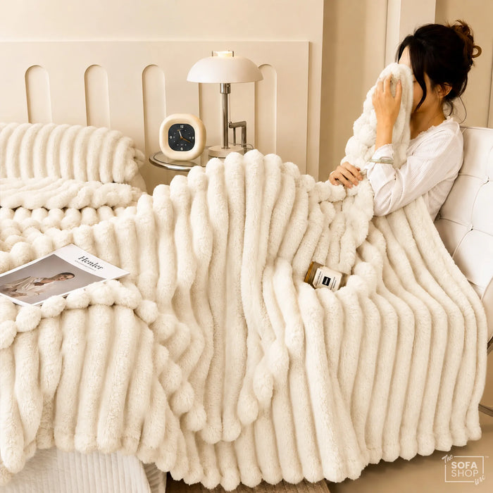 Classic Beige Flannel Plush Blanket 150 x 200cm | Fluffy Warm Cosy Throw with Ultra-Soft Fleece + Machine Washable Care | Boston | Bed Sofa Couch Blanket | The Sofa Shop