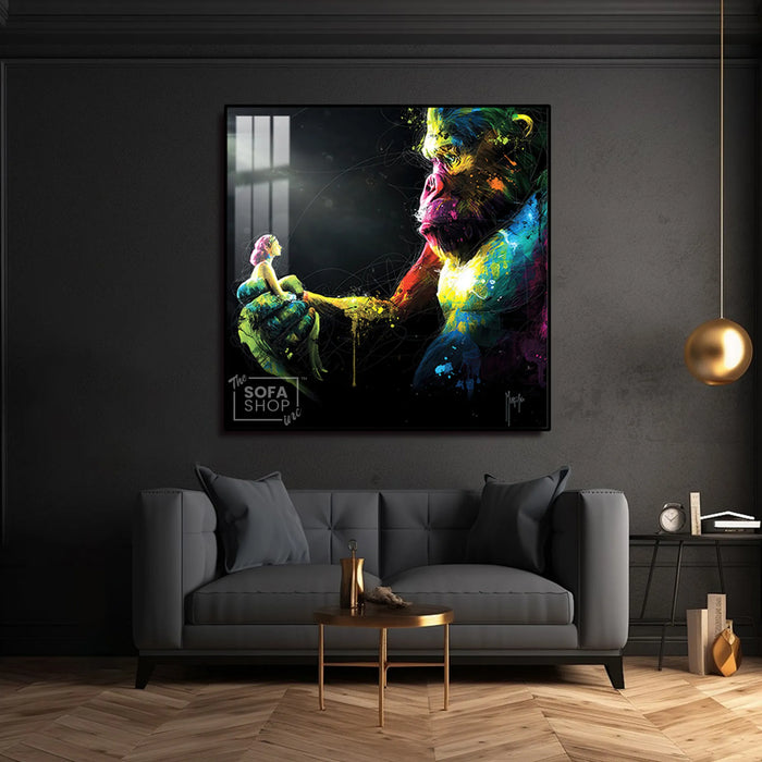 Gorilla Canvas Wall Art LED 100 x 100 cm | Emotional Street-Style Print With Bold Detail + Remote-Controlled LED Frame + Crystal-Porcelain Finish + Gold Or Black Frame | The Sofa Shop