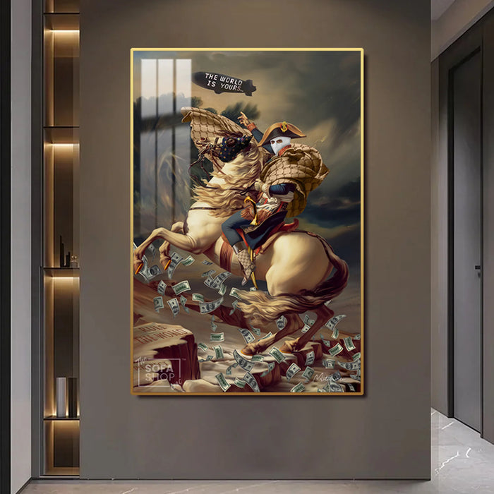 LED Conquest Canvas 100 x 150 cm Vertical | The World Is Yours Horse & Rider Wall Art With Adjustable LED Backlighting + Crystal-Porcelain Finish + Gold Or Black Frame | The Sofa Shop