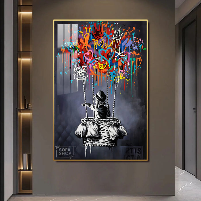 Dream Balloon LED Canvas 100 x 150 cm Vertical | Graffiti Hot Air Balloon Wall Art With Adjustable LED Glow + Crystal-Porcelain Finish + Gold Or Black Frame | The Sofa Shop