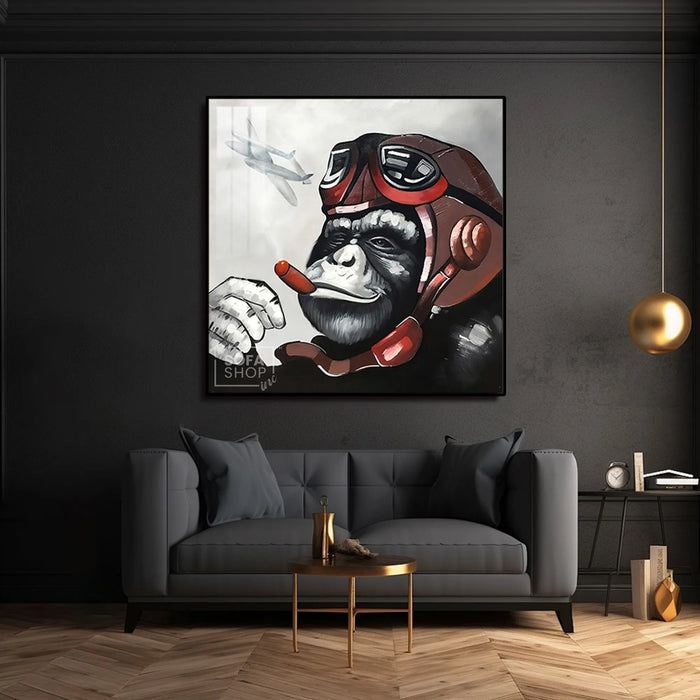 Monkey Pilot LED Canvas 100 x 100 cm | Retro Pop Wall Art With Remote-Controlled LED Frame + Crystal-Porcelain Finish + Gold Or Black Aluminium Frame | The Sofa Shop