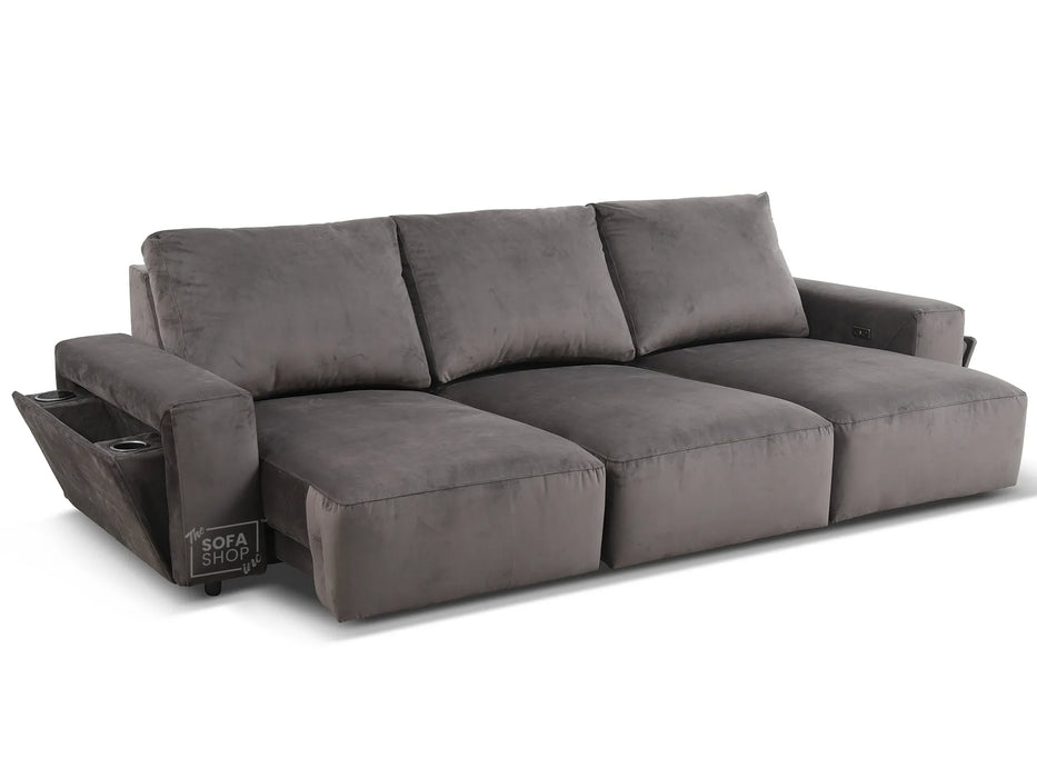 Extendable Electric Sofa - Bed in Grey Velvet Fabric | 3 Independant Power Motion Seats Perfect for Cinema Room & Home Theatre | 3 Seater with Cupholder + USBc & Wireless Charging | Almeria
