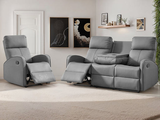 3+1 Recliner Sofa Set inc. Chair in Grey Leather Aire with Drop-Down Table & Cup Holders - 2 Piece Parma Sofa Set