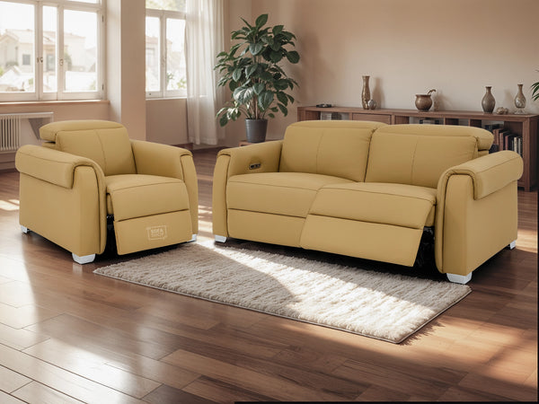 3+1 Real Leather Recliner Electric Sofa Set in Tan | Hi-Tech Sofa Set with Massage, USB Ports & Power Headrests | Turin