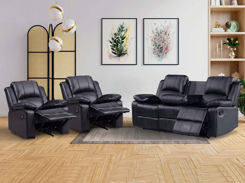3 1 1 Recliner Sofa Set inc. Chairs in Black Leather with Drop-Down Table & Cup Holders - 3 Piece Trento Sofa Set