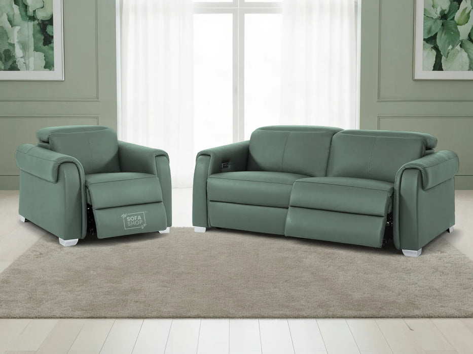 3+1 Real Leather Recliner Electric Sofa Set in Green | Hi-Tech Sofa Set with Massage, USB Ports & Power Headrests | Turin