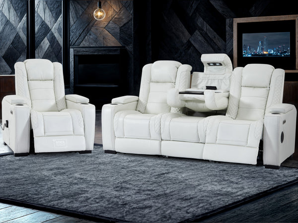 3+1 Genuine Leather Sofa Set. Two piece Sofa with Power Headrest, USB Ports, Electric Reclining, Massage Seat, Socket Set & Storage Drawer | White Leather | Napoli | The Sofa Shop