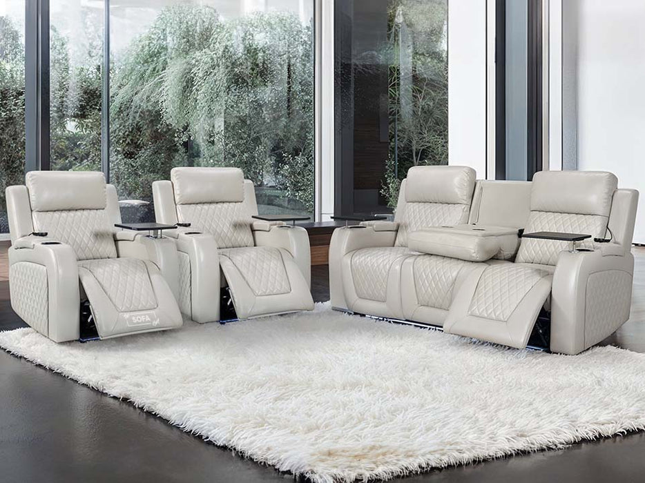 3 1 1 Electric Recliner Sofa Set inc. Cinema Seats in Cream Leather. 3 Piece Cinema Sofa Set with LED Light & Cooling Cup Holders - Venice Series Two