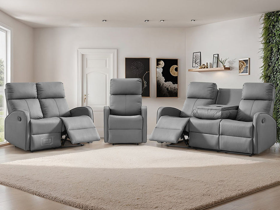 3 2 1 Recliner Sofa Set. 3 Piece Recliner Sofa Package Suite in Grey Leather with Drop-Down Table & Drink Holders- Parma