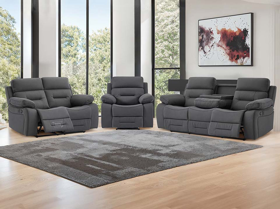 3 2 1 Recliner Sofa Set. 3 Piece Recliner Sofa Package Suite in Dark Grey Fabric with Drop-Down Table & Drinks Holder- Foster