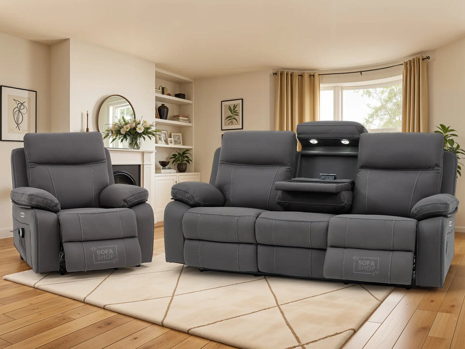 3+1 Piece Electric Home Cinema Theatre Sofa Set | Fabric Couch Suite Package In Grey + Cupholders + Table + Power + Massage | Vinsonova | Sofa Shop