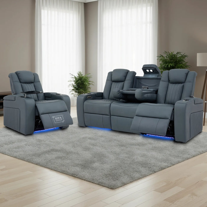 Real Leather 3+1 Recliner Cinema Sofa Set In Blue with Power Headrest, Power Recliner, Drop-Down Table, Massage, LED Lights, USB Ports & Tray Tables | Cinema Sofa Set | Capri