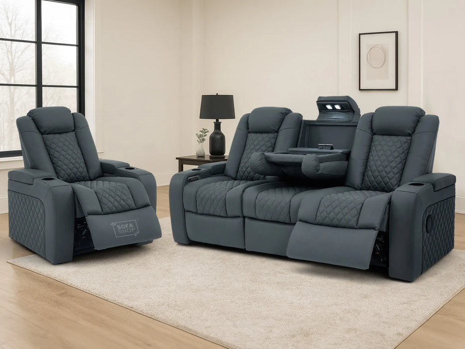 Real Leather 3+1 Sofa Set in Grey | Hi-Tech 3-Piece Sofa Package with Electric Recline, Adjustable Headrest, Power Lumbar Support & USB Ports | Milano | The Sofa Shop