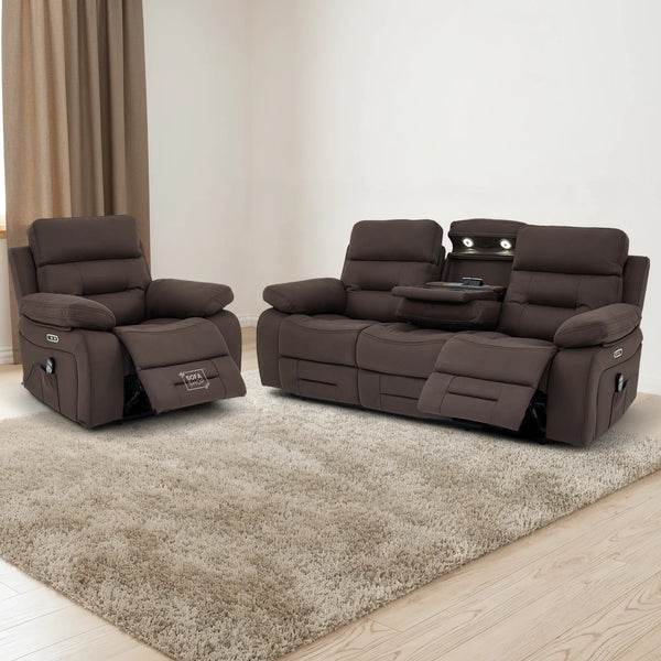 3+1 Electric Recliner Sofa Suite in Brown Resillience Fabric | Hi-Tech Cinema Set with Massage, Drop-Down Table, Power Headrest, Power Recliner, Storage Drawer, USB & Wireless Charging  | Sicily