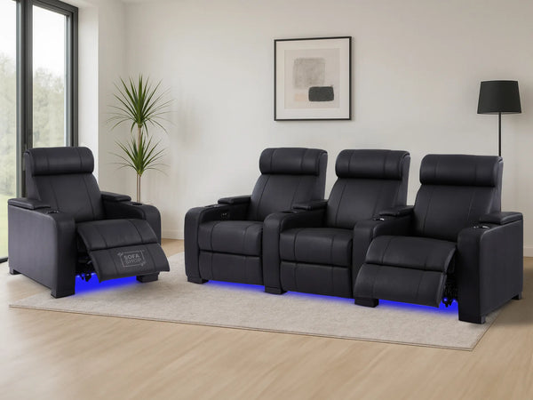 Real Leather 3+1 Reclining Sofa Set In Black | 2 Piece Power Cinema Sofa with Massage, Cup Holders & USB | Rimini