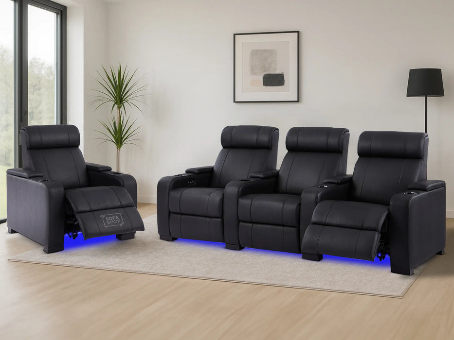 Real Leather 3+1 Reclining Sofa Set In Black | 2 Piece Power Cinema Sofa with Massage, Cup Holders & USB | Rimini