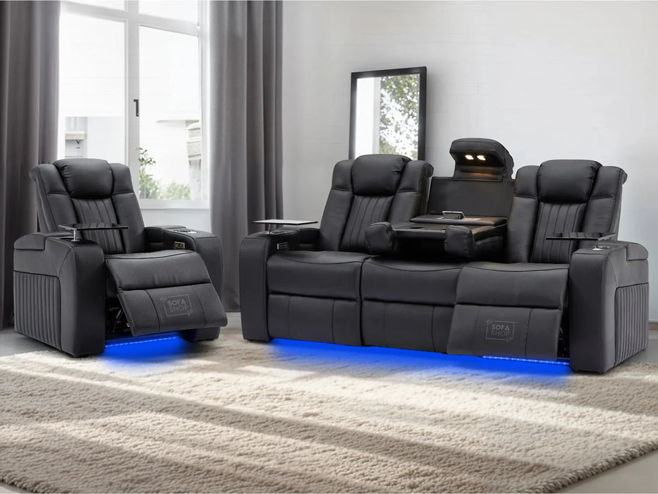 Real Leather 3+1 Electric Recliner Sofa Set In Black | Cinema Sofa Seats Package with USB Ports, Storage & Charger | Capri