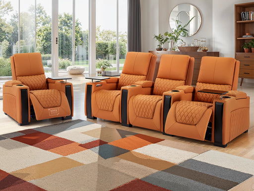 3+1 Seater Electric Sofa Set, 2 Piece  Home Cinema Sofa Set | Genuine Leather Couch Suite Package in Orange + Reclining Seats + Table Trays | Assisi | The Sofa Shop