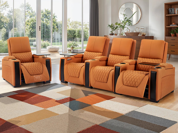 3+1 Seater Electric Sofa Set, 2 Piece  Home Cinema Sofa Set | Real Leather Couch Suite Package in Orange + Reclining Seats + Table Trays | Assisi | The Sofa Shop