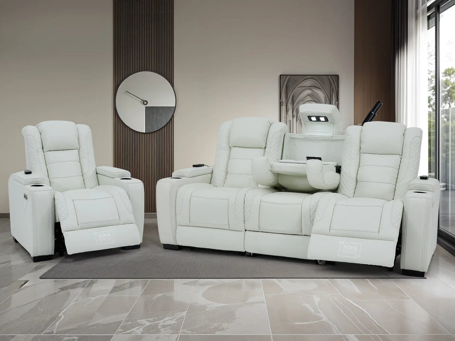 3+1 Real Leather Sofa Set. Two piece Sofa with Power Headrest, USB Ports, Electric Reclining, Massage Seats, Socket Set & Storage Drawer | White Leather | Napoli