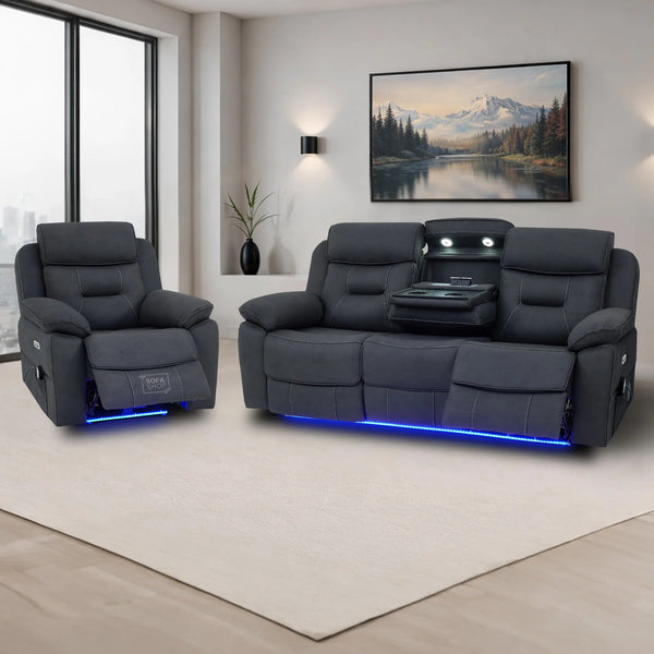 3+1 Piece Electric Home Cinema Sofa Set | Fabric Couch Suite Package In Charcoal Grey | Hi-Tech Sofa Set with Massage, Heating, Cup Holders & Wireless Charger  | Florence