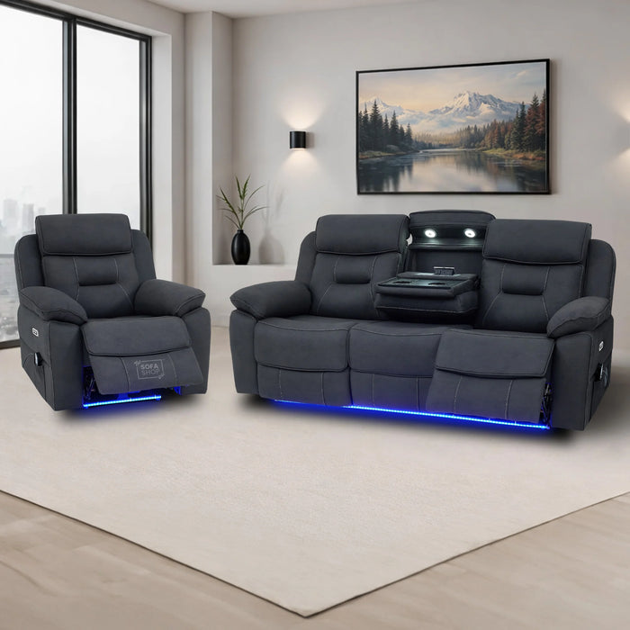 3+1 Piece Electric Home Cinema Sofa Set | Fabric Couch Suite Package In Charcoal Grey | Hi-Tech Sofa Set with Massage, Heating, Cup Holders & Wireless Charger  | Florence