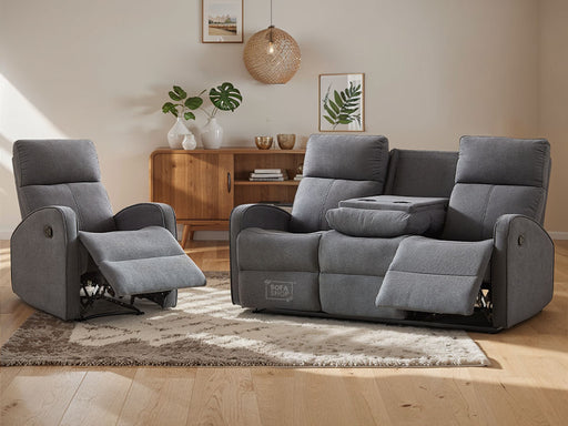 3+1 Recliner Sofa Set inc. Chair in Dark Grey Fabric with Drop-Down Table & Cup Holders - 2 Piece Parma Sofa Set