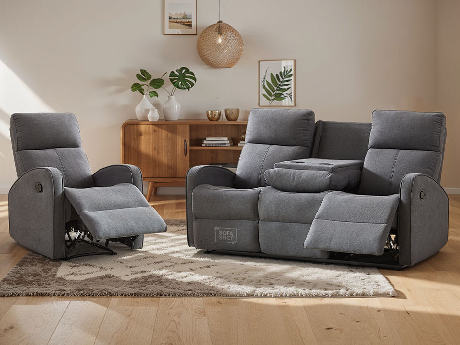 3+1 Recliner Sofa Set in Dark Grey Fabric with Drop-Down Table & Cup Holders - 2 Piece Parma Sofa Set - Sofa Sale