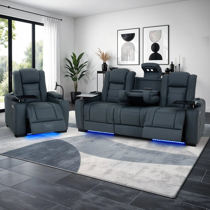 3+1 Seater Genuine Leather Recliner Cinema Sofa Set with Massage, Drop-Down Table, Cup Holders, LED Reading Light, Power Recliner, USB Ports, Socket Set & Storage | Blue Leather | Napoli
