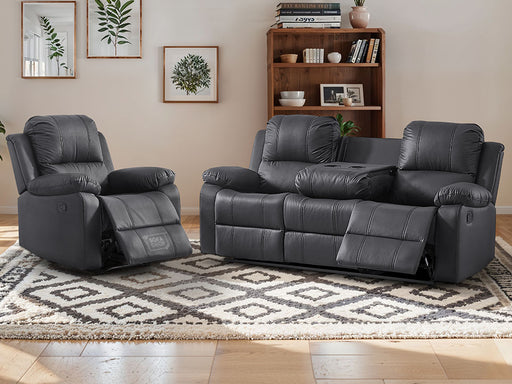 3+1 Recliner Sofa Set inc. Chair in Black Leather with Drop-Down Table & Cup Holders - 2 Piece Trento Sofa Set