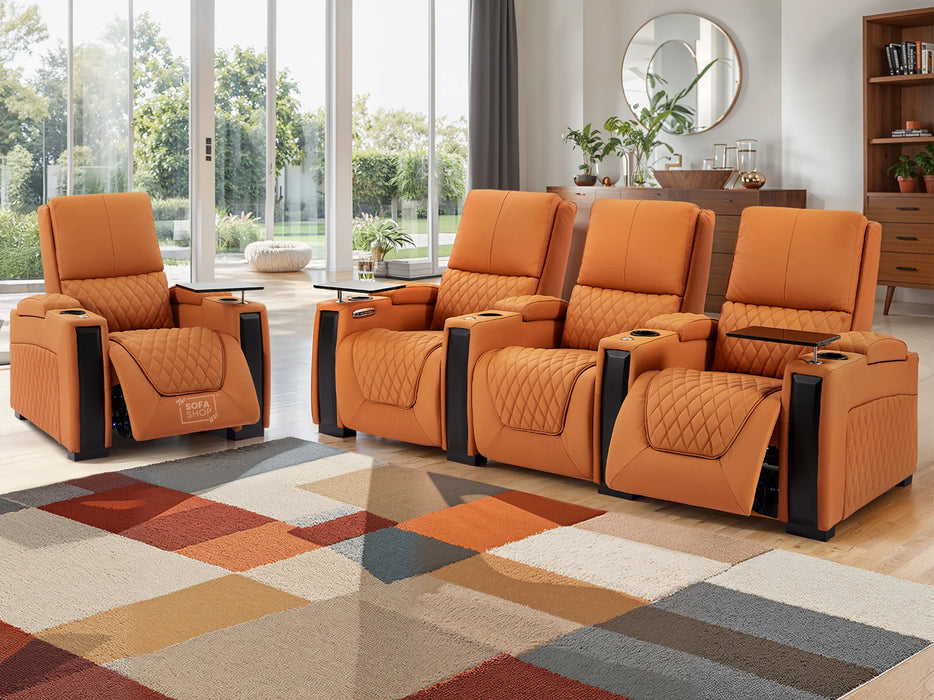 3+1 Seater Electric Recliner Sofa Set & Cinema Seats in Orange Real Leather With Tray Tables & Chilled Cupholders - Assisi