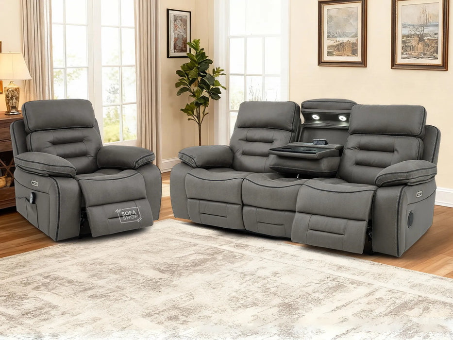 3+1 Cinema-Style Sofa Set | 2 Piece Electric Reclining Sofa Package in Graphite Grey Fabric | Hi-Tech Sofa Set with Massage, Cup Holders & Storage | Tuscany